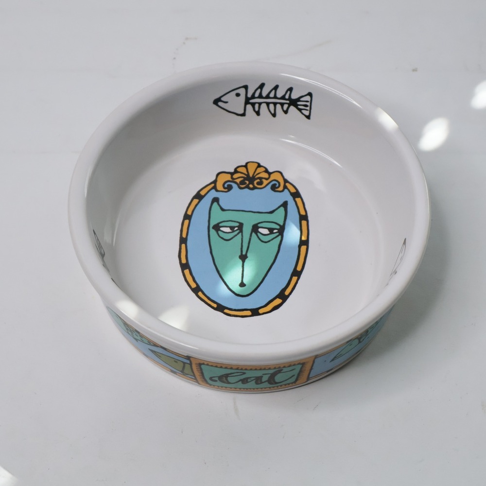Ursula Dodge Signature Housewares Cat Bowl Stoneware Fish Bone Blue White 5 inch